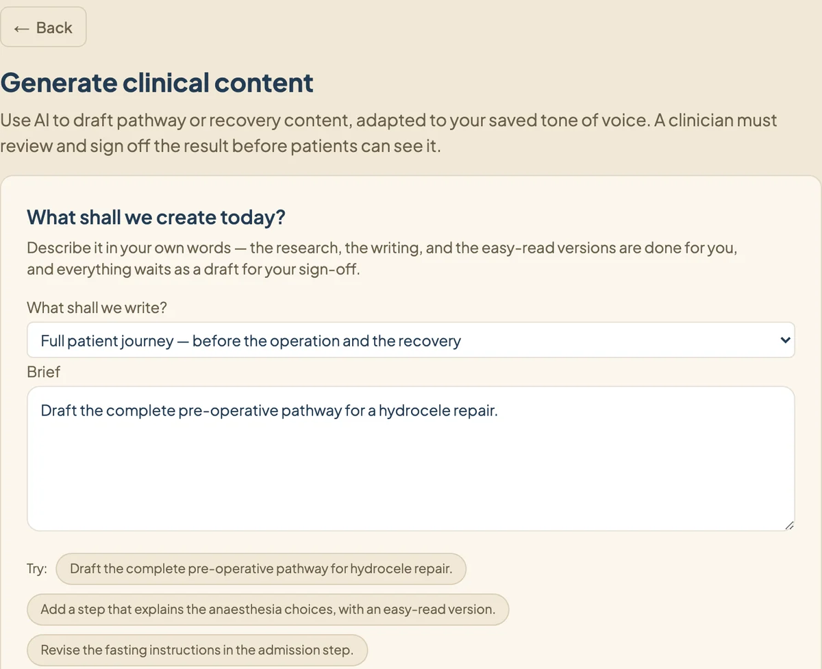 The Helm drafting screen, where a clinician describes a pathway and reviews the draft before sign-off, shown with demo content