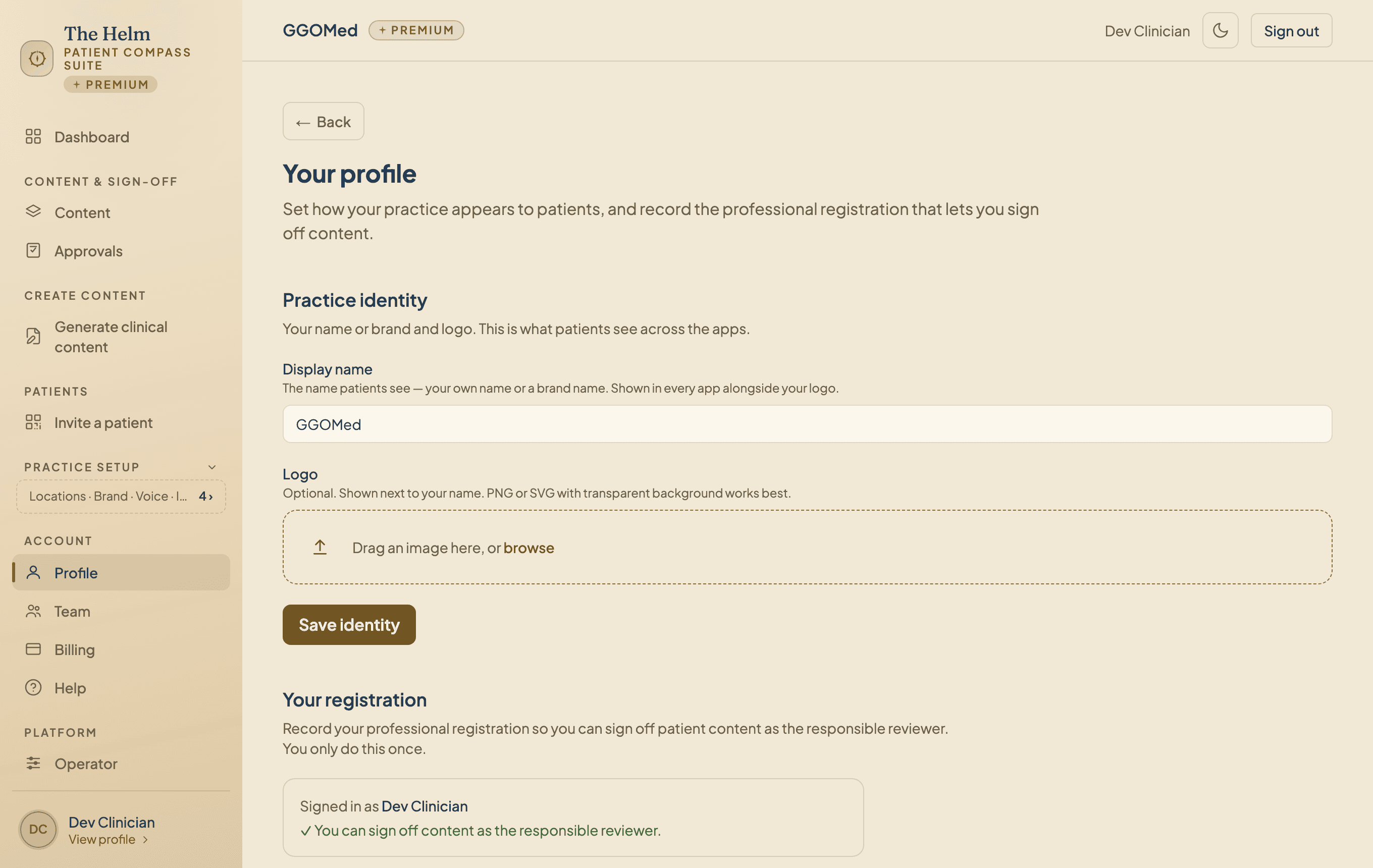 The Helm showing a clinician profile and professional registration details