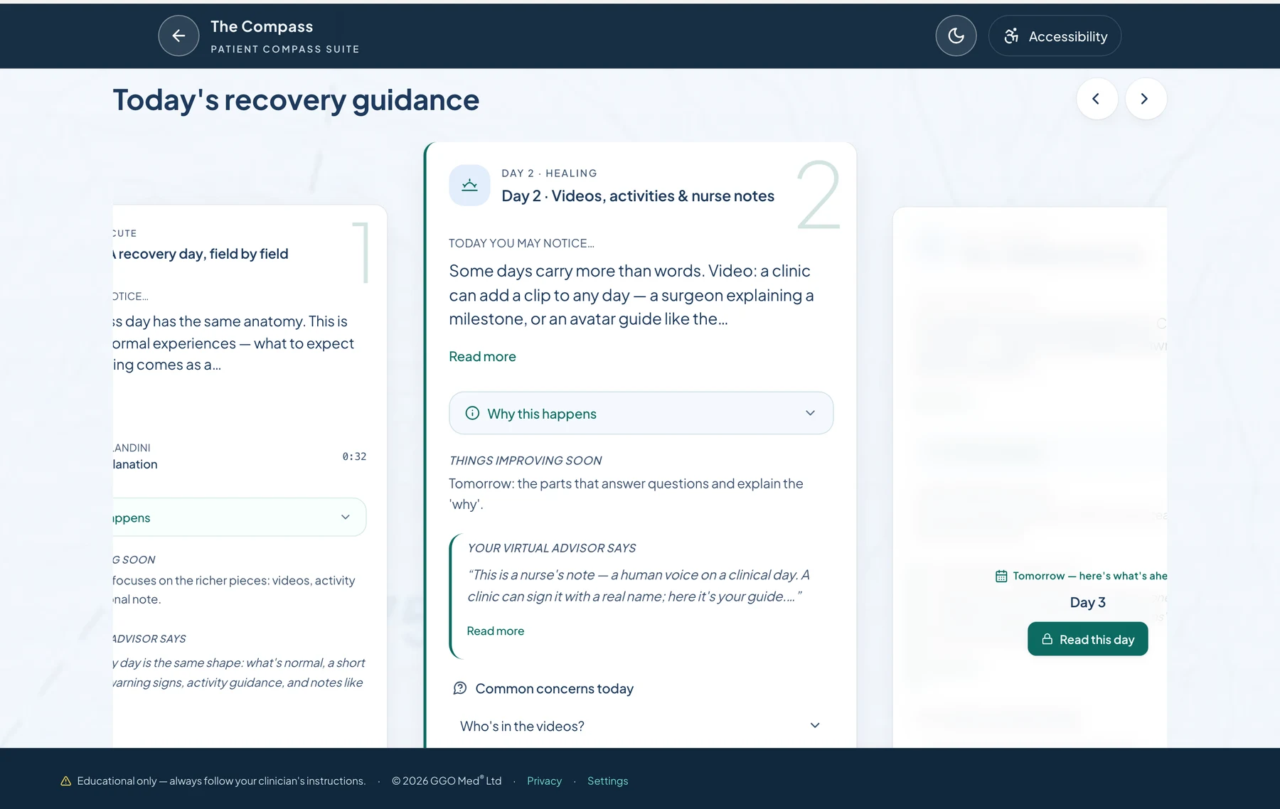 The recovery-day demonstration shows sections for what to expect, why it happens, a note from the team and common concerns.