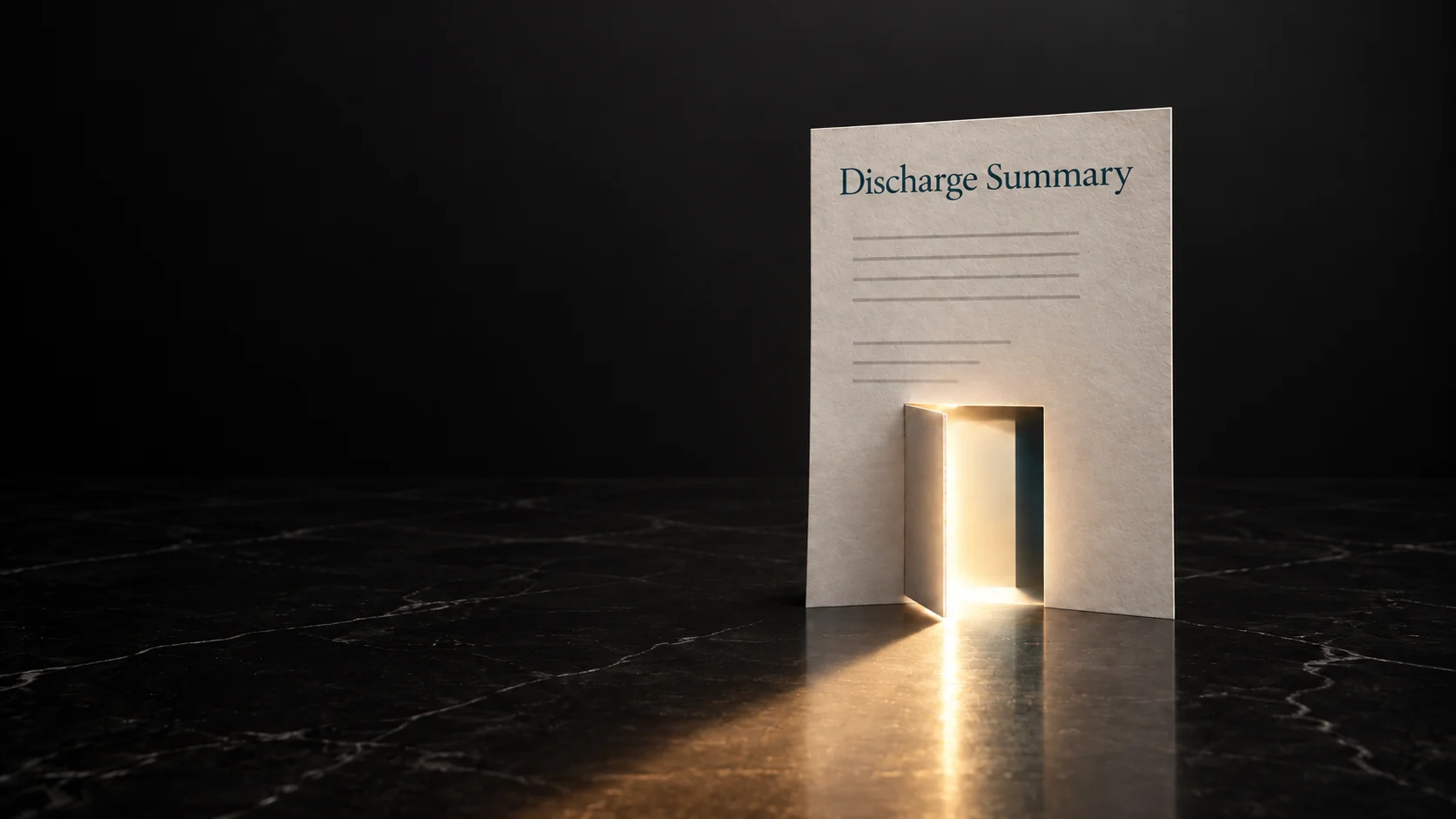 A sculptural Discharge Summary sheet with an open paper door casts warm light across polished dark marble.