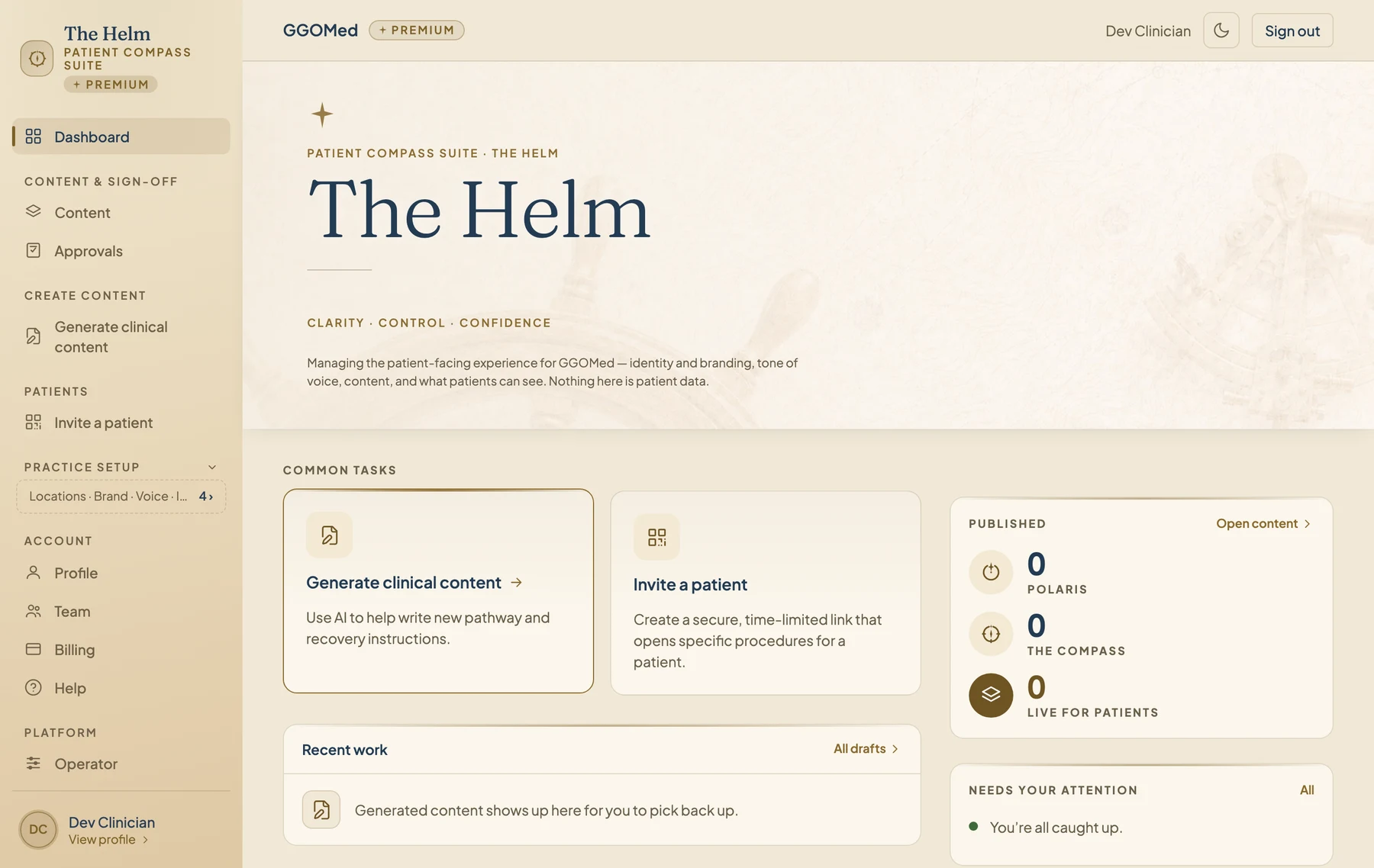 A home for the clinical work.: The dashboard brings content, approvals and patient invitations into view.