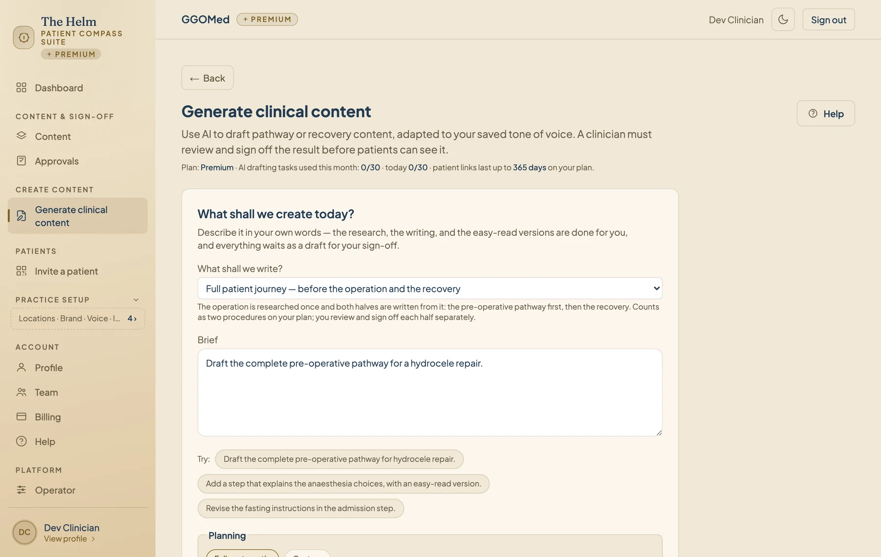 A draft starts with a clinical brief.: The generation screen explains that a clinician must review and sign off the result before patients can see it.