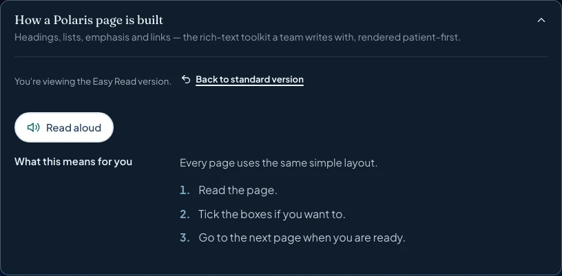 Easy Read mode in the same Polaris topic, with a shorter explanation and three simple steps.