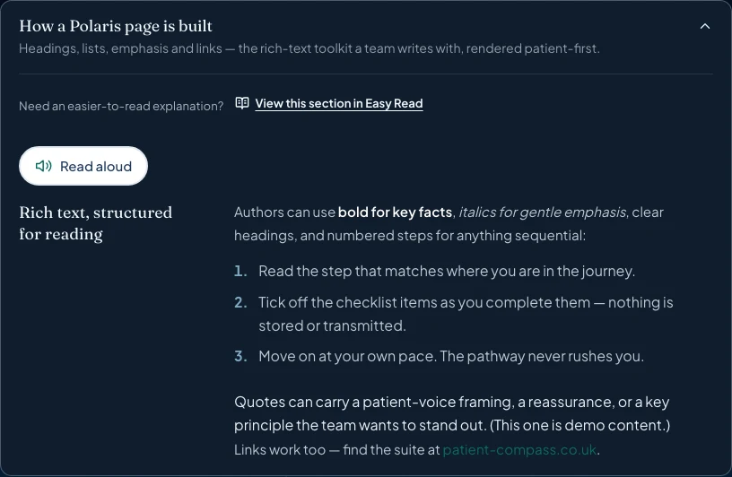 Standard mode in the real Polaris demonstration, with headings, numbered reading steps and examples.