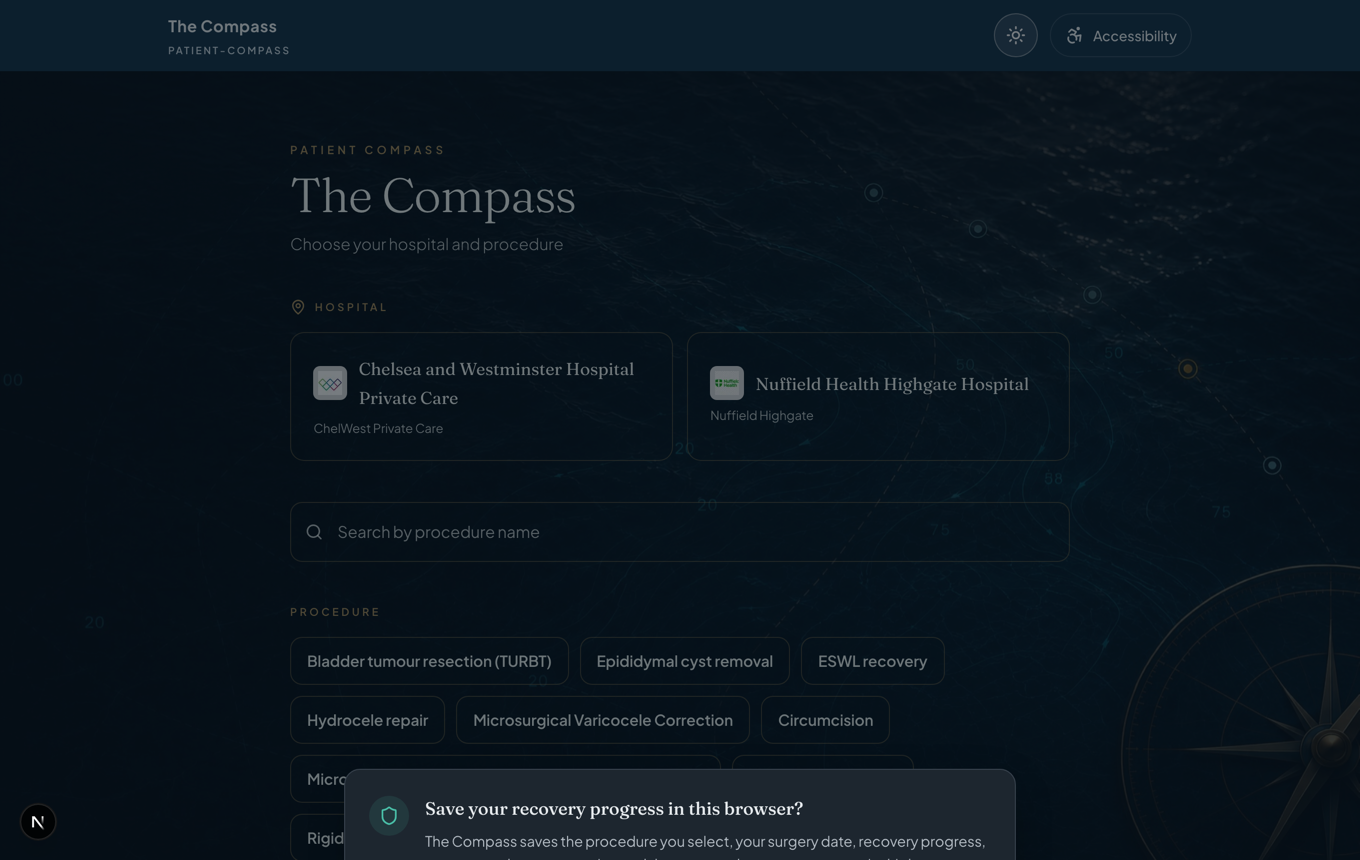 The Compass start screen, where a patient chooses their hospital and procedure, with a no-personal-data consent choice.