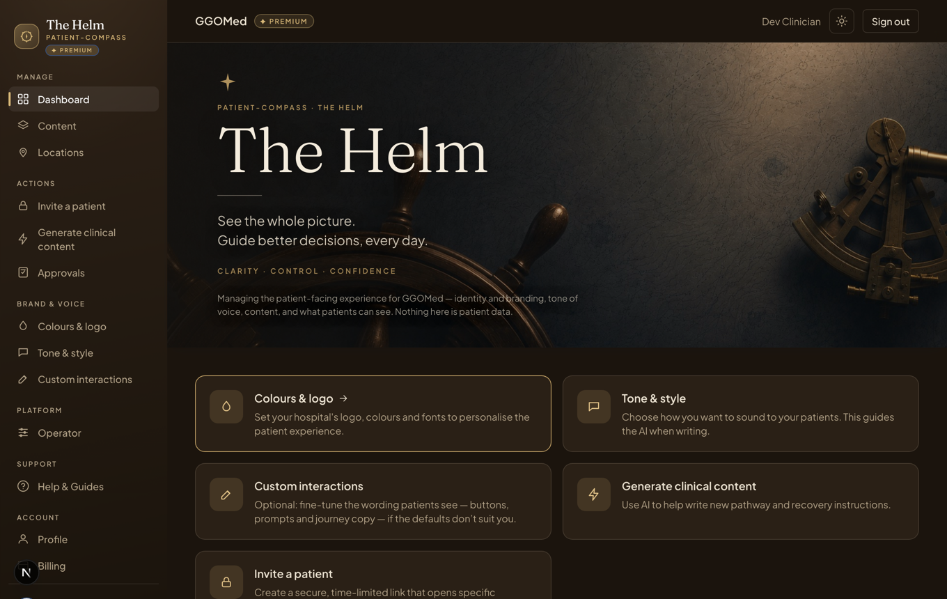 The Helm dashboard, showing controls for branding, tone of voice, content, patient invitations and approvals.
