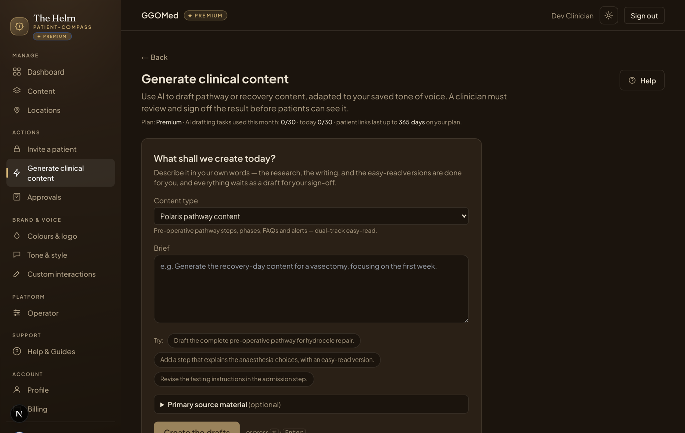 The Helm content-generation screen, stating a clinician must review and sign off the result before patients can see it.