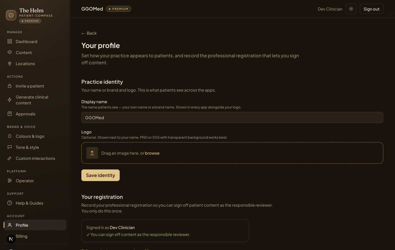 The Helm profile screen, where a clinician records their professional registration to sign off content as the responsible reviewer.