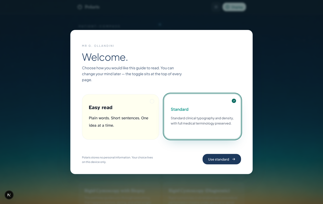 Polaris welcome screen offering an easy-read or standard reading mode, stating it stores no personal information.