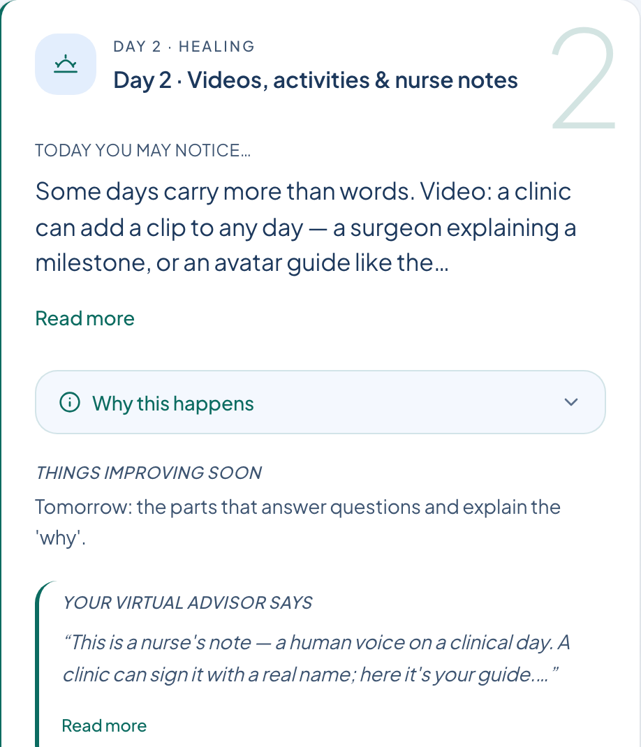 Actual Compass demonstration card for day two, ‘Videos, activities and nurse notes’: what you may notice today, why this happens, things improving soon, and a nurse’s note.