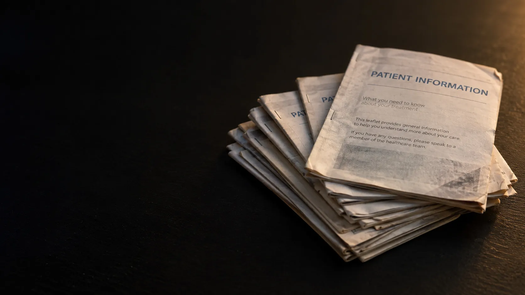 Illustrative AI-generated image: a small pile of old, creased patient-information leaflets, photocopies of photocopies, on a dark table.